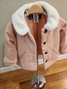 Max Studio Peach Pink Pea Coat with White Faux Fur Collar